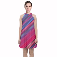 Boho Pink Blue Stripes Velvet Halter Neckline Dress  by SpinnyChairDesigns
