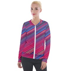 Boho Pink Blue Stripes Velour Zip Up Jacket by SpinnyChairDesigns