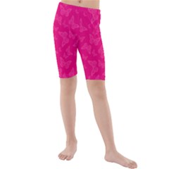 Magenta Pink Butterflies Pattern Kids  Mid Length Swim Shorts by SpinnyChairDesigns