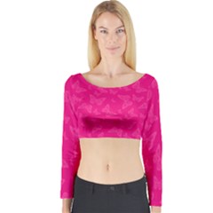 Magenta Pink Butterflies Pattern Long Sleeve Crop Top