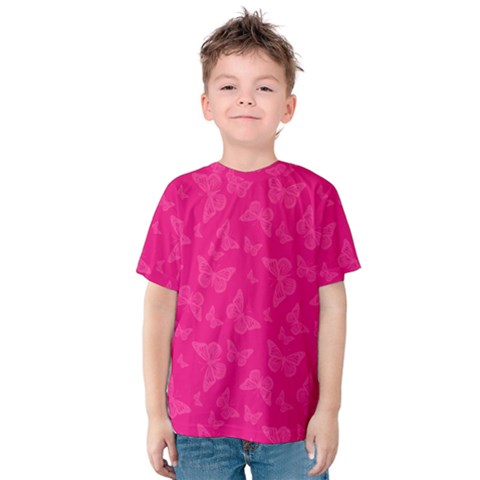 Magenta Pink Butterflies Pattern Kids  Cotton Tee by SpinnyChairDesigns