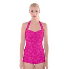 Magenta Pink Butterflies Pattern Boyleg Halter Swimsuit 