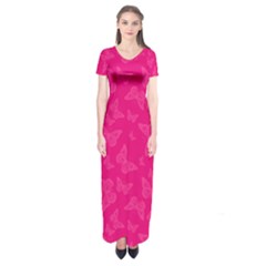 Magenta Pink Butterflies Pattern Short Sleeve Maxi Dress