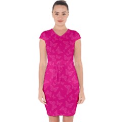 Magenta Pink Butterflies Pattern Capsleeve Drawstring Dress 