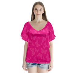 Magenta Pink Butterflies Pattern V-Neck Flutter Sleeve Top