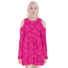 Magenta Pink Butterflies Pattern Velvet Long Sleeve Shoulder Cutout Dress