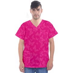 Magenta Pink Butterflies Pattern Men s V-Neck Scrub Top