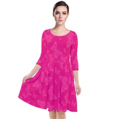 Magenta Pink Butterflies Pattern Quarter Sleeve Waist Band Dress
