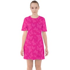 Magenta Pink Butterflies Pattern Sixties Short Sleeve Mini Dress