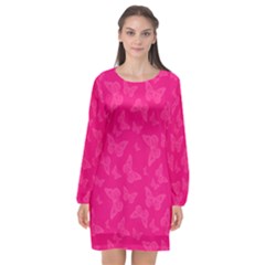 Magenta Pink Butterflies Pattern Long Sleeve Chiffon Shift Dress 