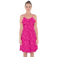 Magenta Pink Butterflies Pattern Ruffle Detail Chiffon Dress