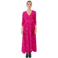 Magenta Pink Butterflies Pattern Button Up Boho Maxi Dress