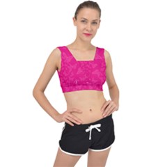 Magenta Pink Butterflies Pattern V-Back Sports Bra