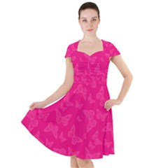 Magenta Pink Butterflies Pattern Cap Sleeve Midi Dress