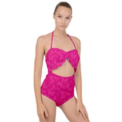 Magenta Pink Butterflies Pattern Scallop Top Cut Out Swimsuit