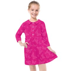 Magenta Pink Butterflies Pattern Kids  Quarter Sleeve Shirt Dress