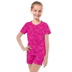 Magenta Pink Butterflies Pattern Kids  Mesh Tee and Shorts Set