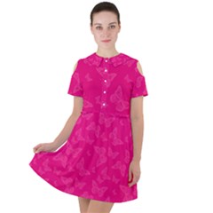 Magenta Pink Butterflies Pattern Short Sleeve Shoulder Cut Out Dress 