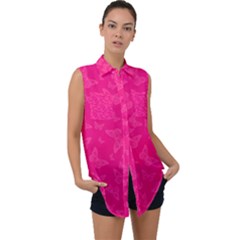 Magenta Pink Butterflies Pattern Sleeveless Chiffon Button Shirt