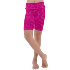Magenta Pink Butterflies Pattern Kids  Lightweight Velour Cropped Yoga Leggings