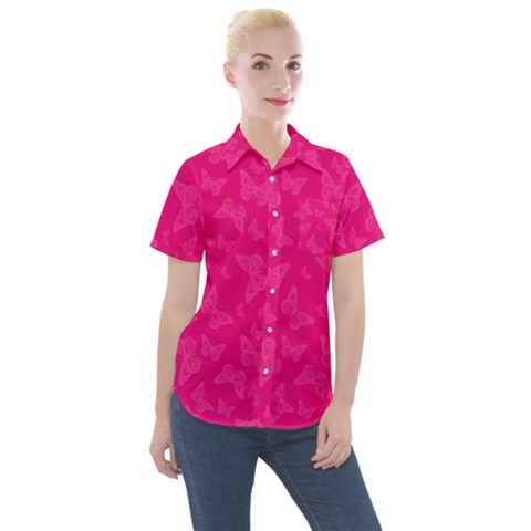 Magenta Pink Butterflies Pattern Women s Short Sleeve Pocket Shirt by SpinnyChairDesigns