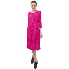 Magenta Pink Butterflies Pattern Ruffle End Midi Chiffon Dress