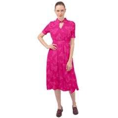 Magenta Pink Butterflies Pattern Keyhole Neckline Chiffon Dress