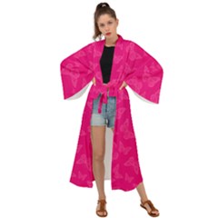 Magenta Pink Butterflies Pattern Maxi Kimono by SpinnyChairDesigns