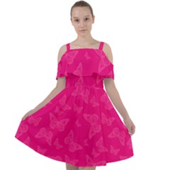 Magenta Pink Butterflies Pattern Cut Out Shoulders Chiffon Dress