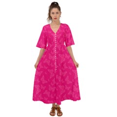 Magenta Pink Butterflies Pattern Kimono Sleeve Boho Dress