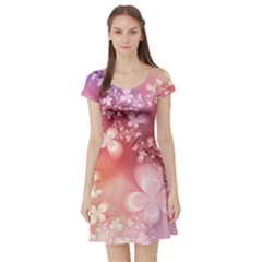 Boho Pastel Pink Floral Print Short Sleeve Skater Dress by SpinnyChairDesigns