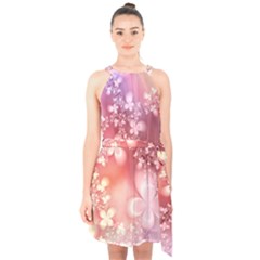 Boho Pastel Pink Floral Print Halter Collar Waist Tie Chiffon Dress by SpinnyChairDesigns