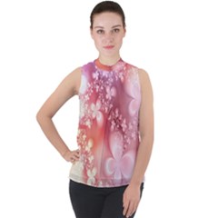 Boho Pastel Pink Floral Print Mock Neck Chiffon Sleeveless Top