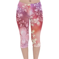 Boho Pastel Pink Floral Print Velvet Capri Leggings  by SpinnyChairDesigns