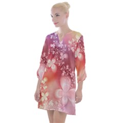 Boho Pastel Pink Floral Print Open Neck Shift Dress by SpinnyChairDesigns
