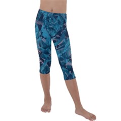 Boho Cerulean Blue Mosaic Kids  Lightweight Velour Capri Leggings 