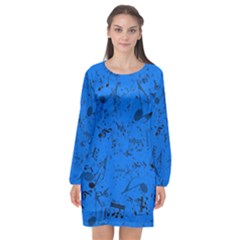 Cornflower Blue Music Notes Long Sleeve Chiffon Shift Dress  by SpinnyChairDesigns