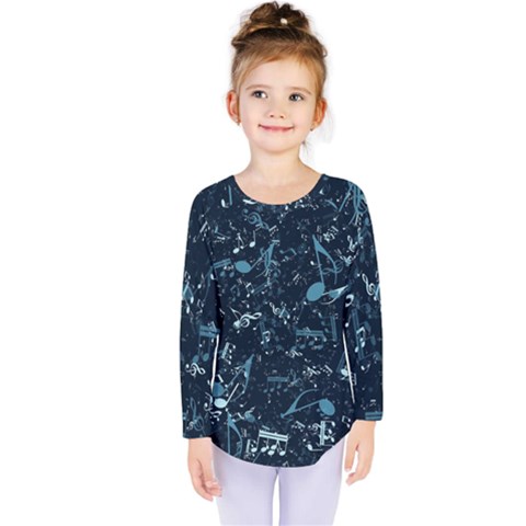 Prussian Blue Music Notes Kids  Long Sleeve Tee by SpinnyChairDesigns