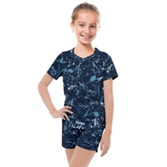 Prussian Blue Music Notes Kids  Mesh Tee And Shorts Set