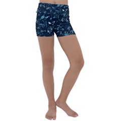 Prussian Blue Music Notes Kids  Lightweight Velour Yoga Shorts by SpinnyChairDesigns