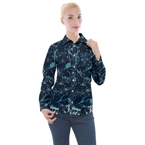 Prussian Blue Music Notes Women s Long Sleeve Pocket Shirt by SpinnyChairDesigns