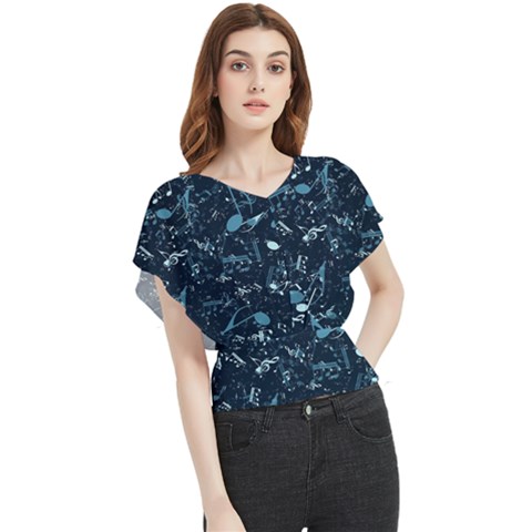 Prussian Blue Music Notes Butterfly Chiffon Blouse by SpinnyChairDesigns