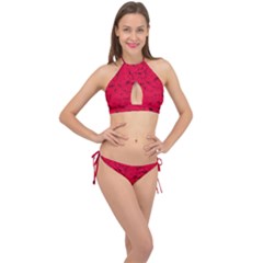 Scarlet Red Music Notes Cross Front Halter Bikini Set by SpinnyChairDesigns