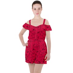 Scarlet Red Music Notes Ruffle Cut Out Chiffon Playsuit by SpinnyChairDesigns