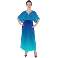Aqua Blue And Indigo Ombre V-neck Boho Style Maxi Dress by SpinnyChairDesigns