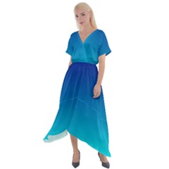 Aqua Blue And Indigo Ombre Cross Front Sharkbite Hem Maxi Dress by SpinnyChairDesigns