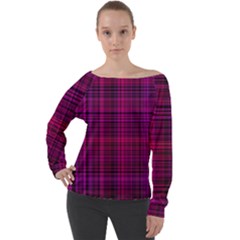 Fuchsia Madras Plaid Off Shoulder Long Sleeve Velour Top by SpinnyChairDesigns