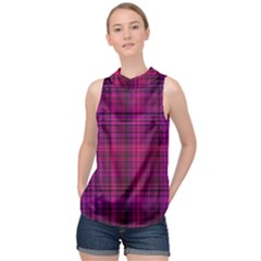 Fuchsia Madras Plaid High Neck Satin Top by SpinnyChairDesigns