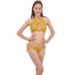 Mustard Yellow Monarch Butterflies Cross Front Halter Bikini Set by SpinnyChairDesigns