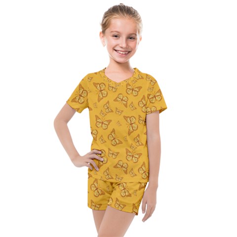 Mustard Yellow Monarch Butterflies Kids  Mesh Tee And Shorts Set by SpinnyChairDesigns